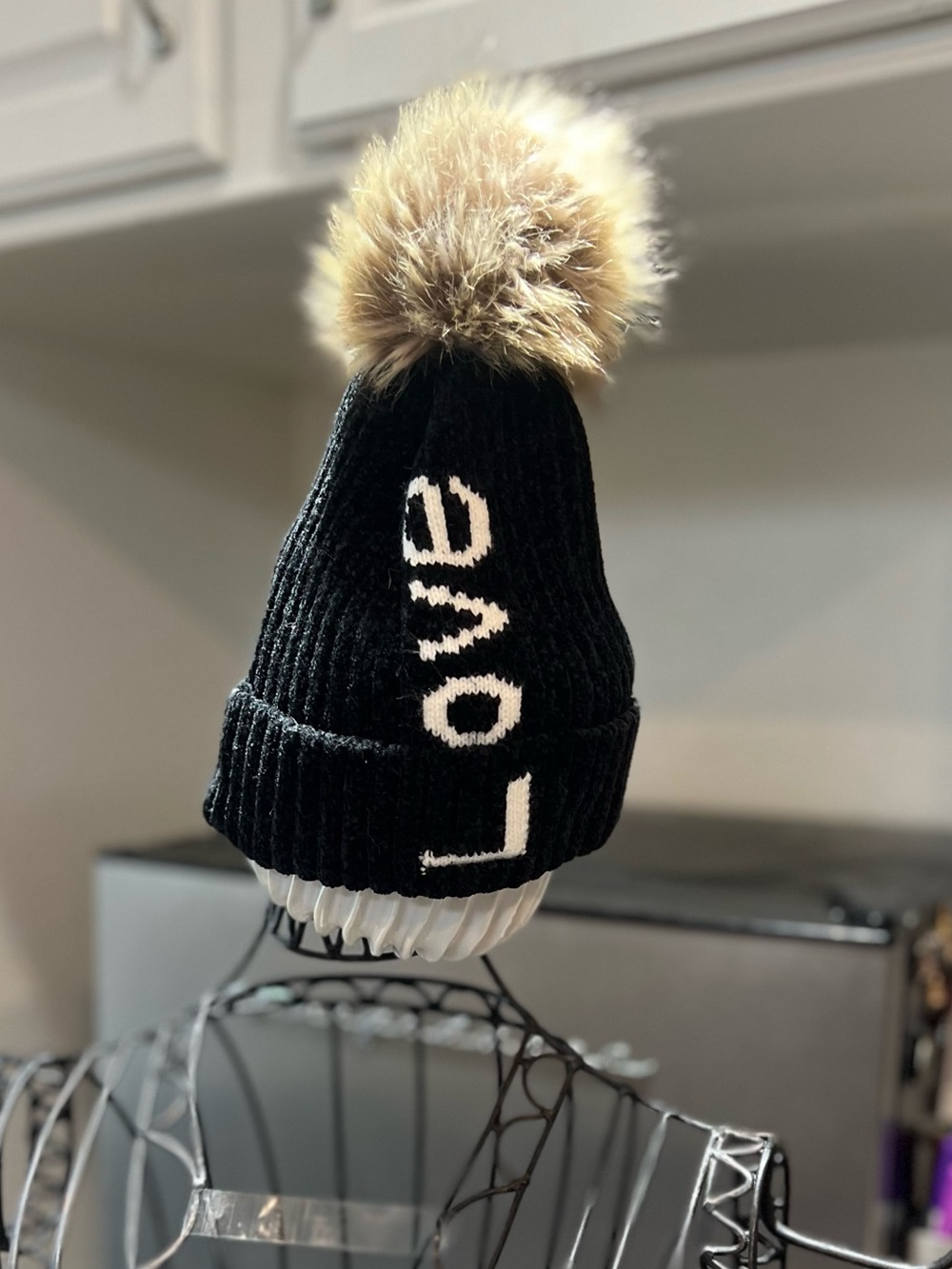 Caieln Kids Black Ribbed Knit Beanie Hat with Faux Fur Pom Pom & "Love" Graphic